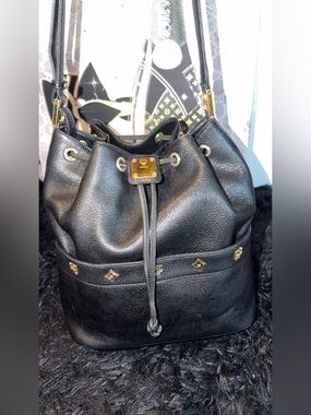 MCM Drawstring Bucket Bag with Gold Accents